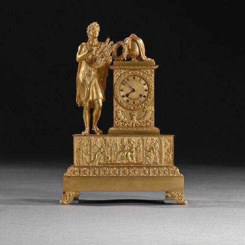 LARGE FRENCH EMPIRE PERIOD GILT BRONZE FIGURAL MANTEL CLOCK OF EXCEPTIONAL QUALITY