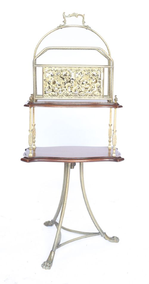 VICTORIAN MAHOGANY GILT BRASS REVOLVING CANTERBURY ON STAND