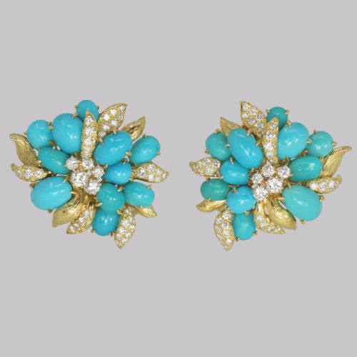 VINTAGE JULIUS COHEN CLUSTER EARRINGS TURQUOISE DIAMOND 1960S FLOWER EARRINGS - ADDITIONAL PHOTO 3