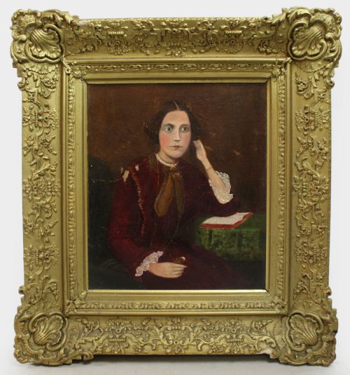 VICTORIAN OIL PORTRAIT OF A LADY IN BURGUNDY DRESS CIRCA 1884